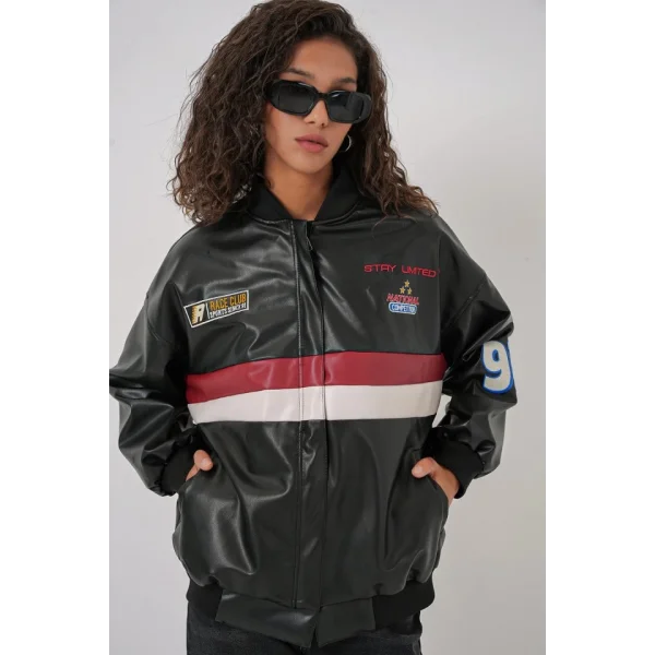 0698 Baskılı Suni Deri Bomber Ceket  Siyah