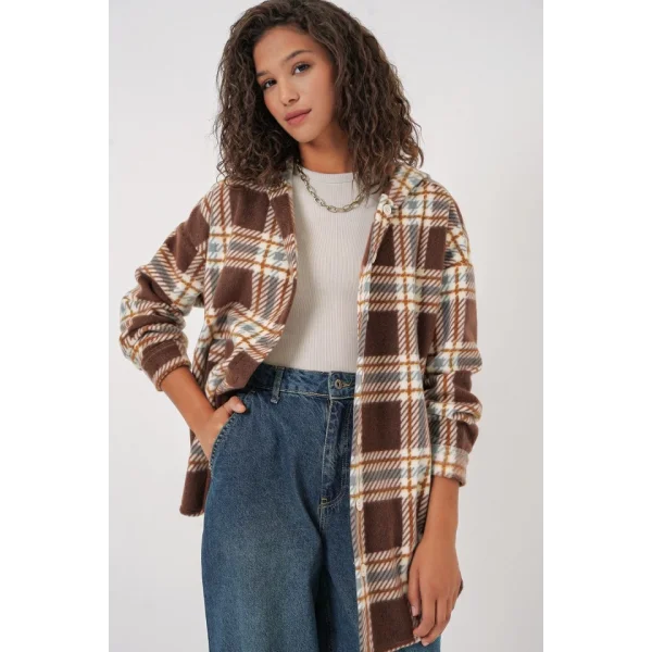 0710 Kapüşonlu Oversize Gömlek  C. Kahverengi