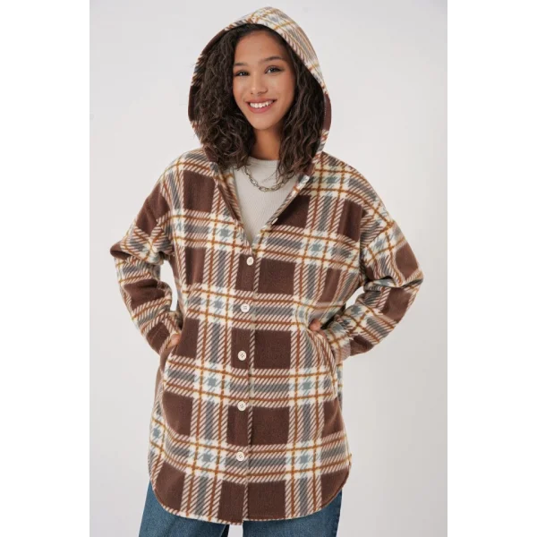 0710 Kapüşonlu Oversize Gömlek  C. Kahverengi