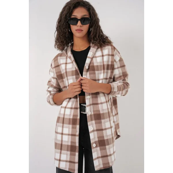 0710 Kapüşonlu Oversize Gömlek  Kahverengi