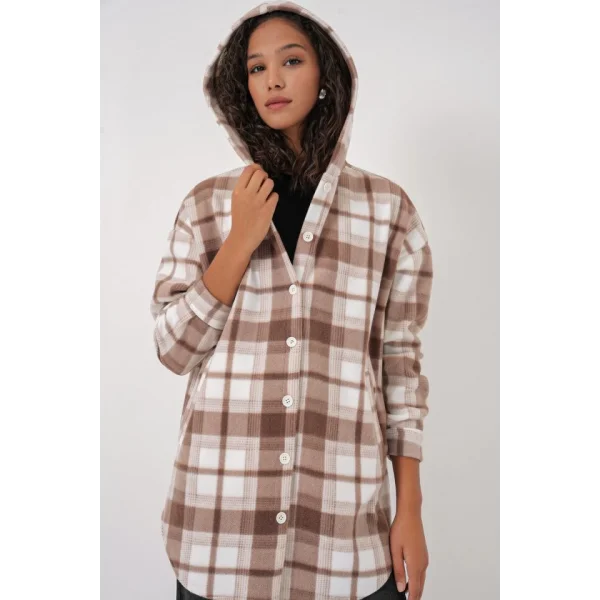 0710 Kapüşonlu Oversize Gömlek  Kahverengi