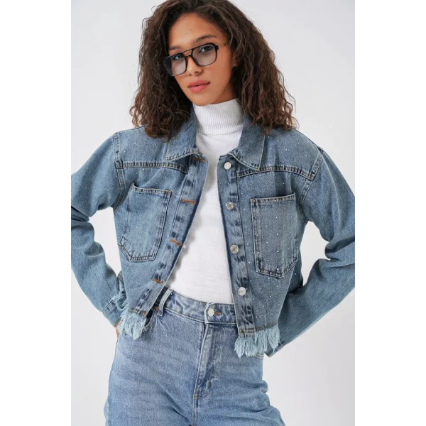 0716 Çift Cepli Crop Kot Ceket  Mavi