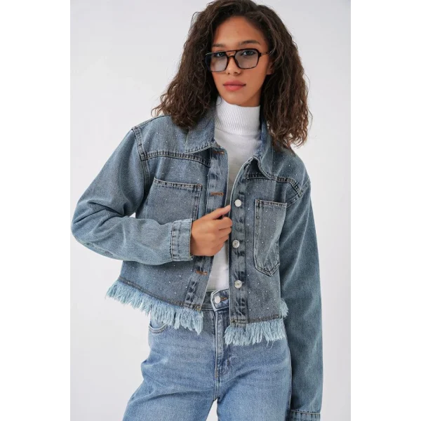 0716 Çift Cepli Crop Kot Ceket  Mavi