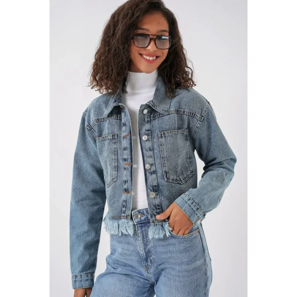 0716 Çift Cepli Crop Kot Ceket  Mavi