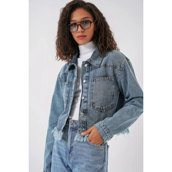 0716 Çift Cepli Crop Kot Ceket  Mavi