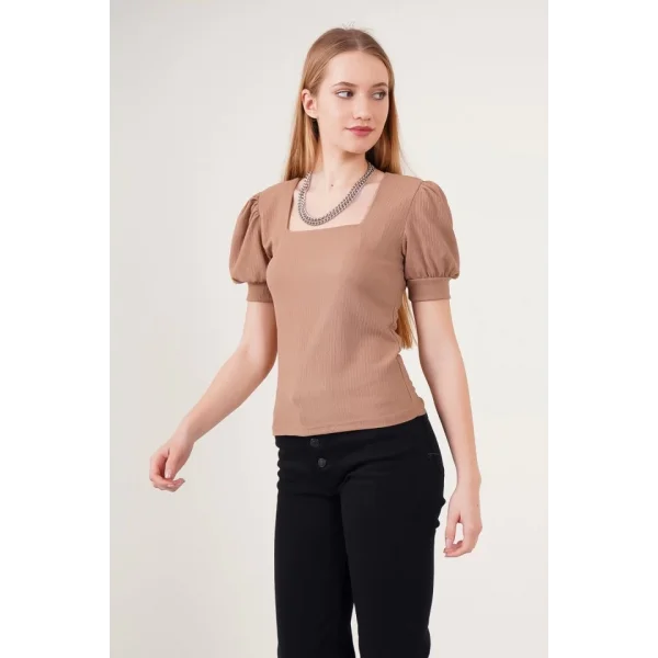 09 Kare Yaka Örme Bluz  B.Kahverengi