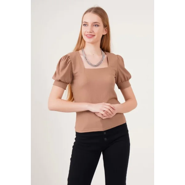 09 Kare Yaka Örme Bluz  B.Kahverengi