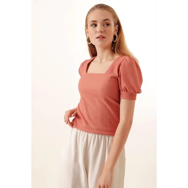 09 Kare Yaka Örme Bluz  Gül Kurusu