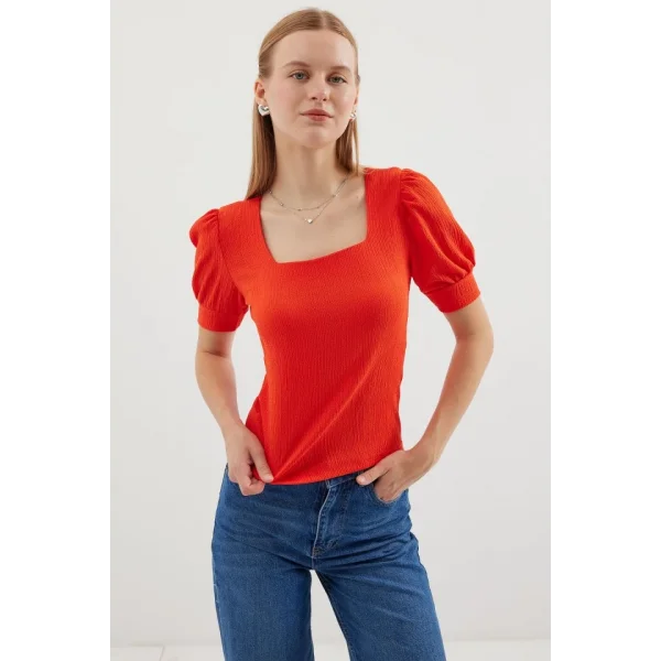 09 Kare Yaka Örme Bluz  Oranje