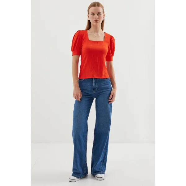 09 Kare Yaka Örme Bluz  Oranje