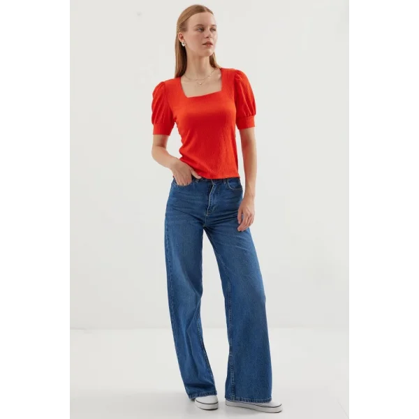 09 Kare Yaka Örme Bluz  Oranje