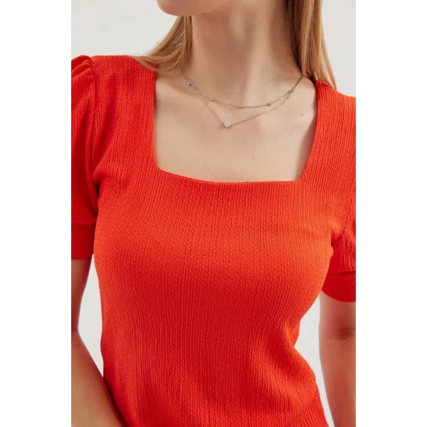 09 Kare Yaka Örme Bluz  Oranje