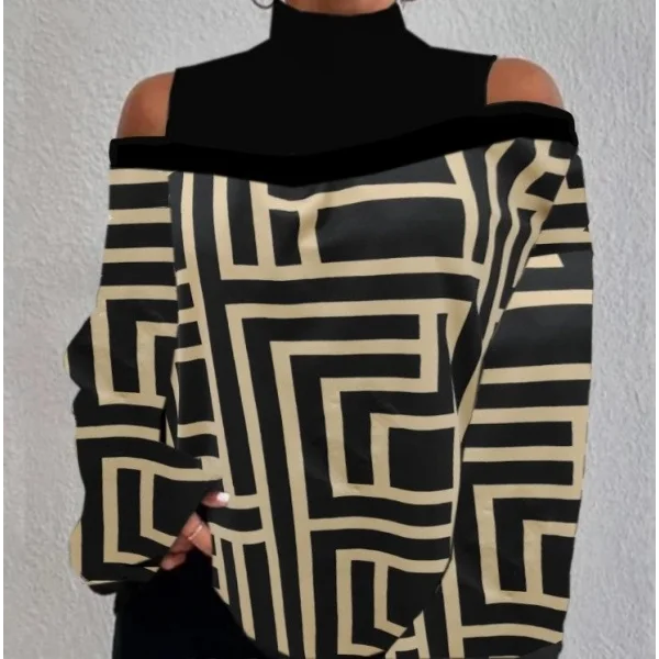 0Kadın Uzun Kollu Balıkçı Yaka Omuz Pencereli Labirent Dijital Baskılı şardonlu Dalgıçsalaş Bluz