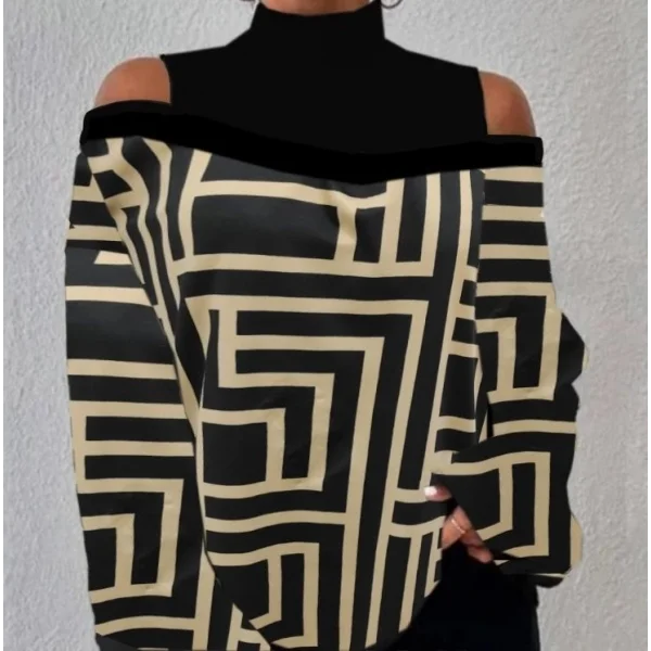 0Kadın Uzun Kollu Balıkçı Yaka Omuz Pencereli Labirent Dijital Baskılı şardonlu Dalgıçsalaş Bluz