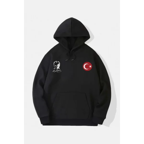 10 Kasıma Özel Üç İplik Kapüşonlu Baskılı SweatShirt - Siyah