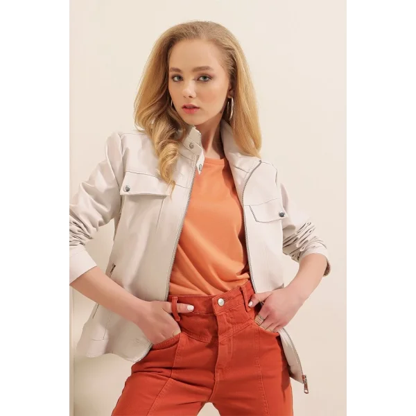 1024 Dik Yaka Deri Mont - Ekru