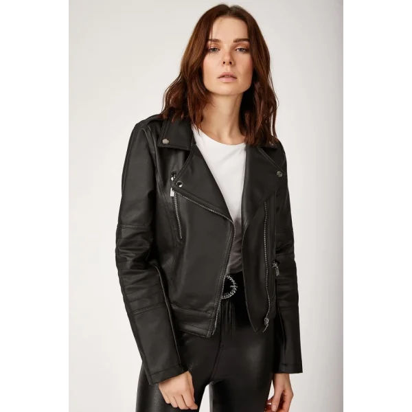 1025 Suni Deri Biker Ceket - Siyah