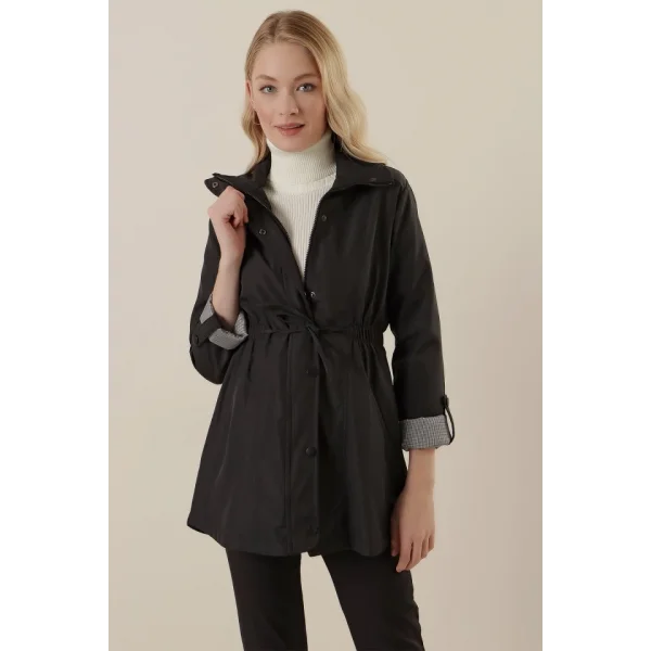10322 Beli Büzgülü Trençkot - Siyah