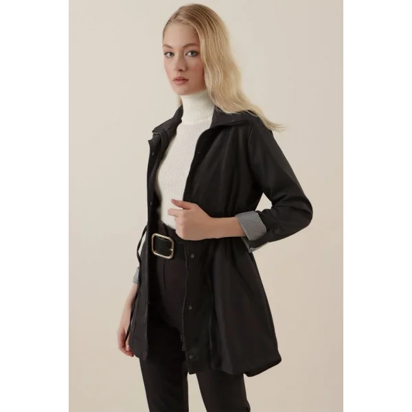 10322 Beli Büzgülü Trençkot - Siyah