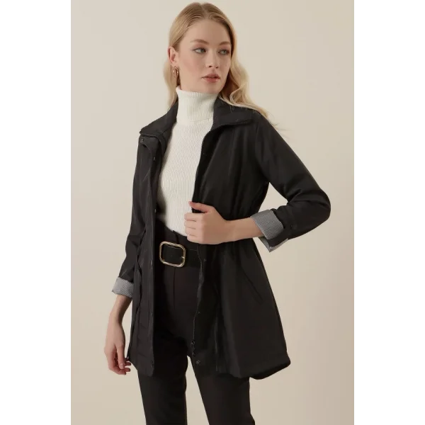 10322 Beli Büzgülü Trençkot - Siyah