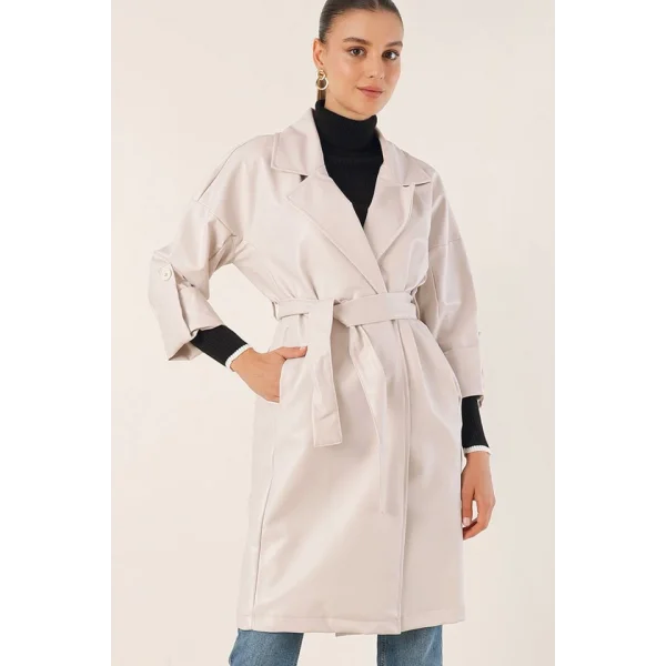 1034 Kuşaklı Suni Deri Trençkot - Ekru