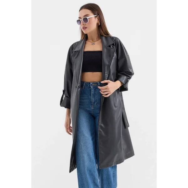 1034 Kuşaklı Suni Deri Trençkot - Siyah