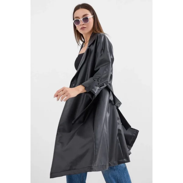 1034 Kuşaklı Suni Deri Trençkot - Siyah