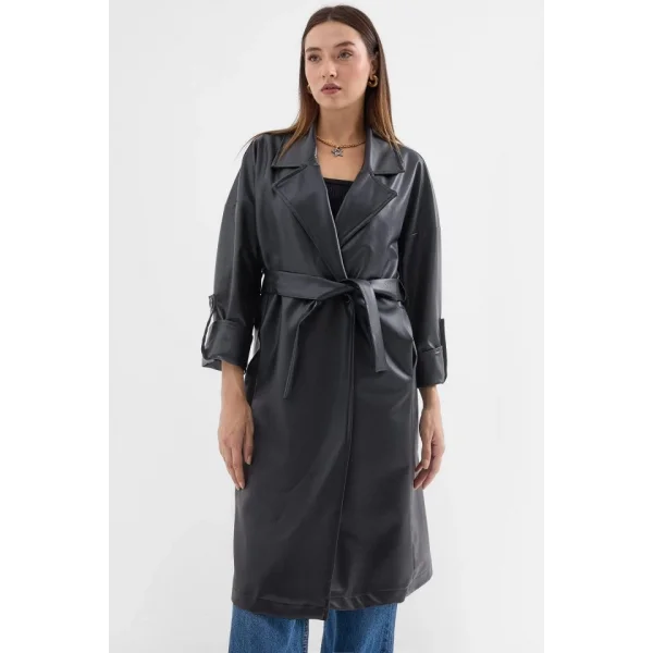 1034 Kuşaklı Suni Deri Trençkot - Siyah