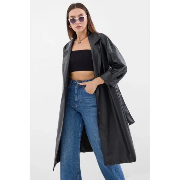1034 Kuşaklı Suni Deri Trençkot - Siyah