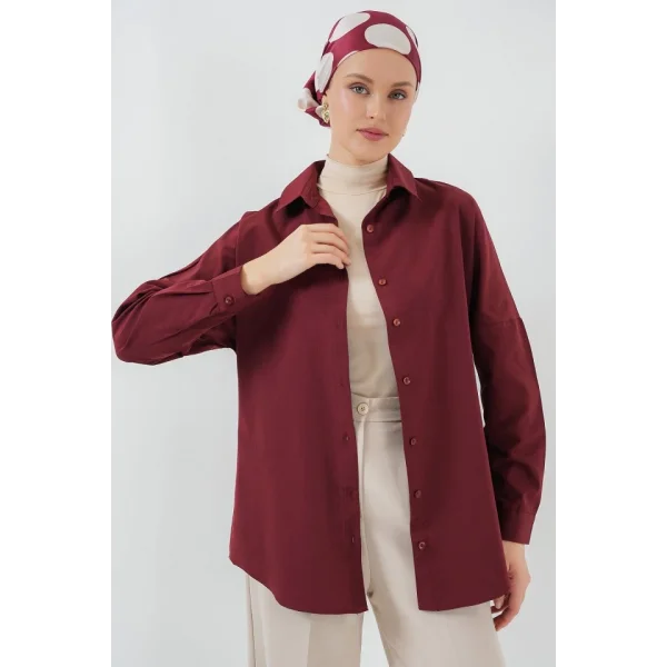 103901 Oversize Basic Tesettür Gömlek - Mürdüm