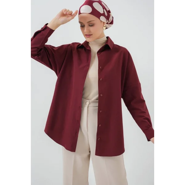 103901 Oversize Basic Tesettür Gömlek - Mürdüm