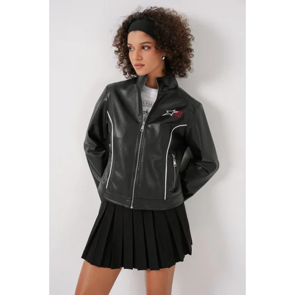 1041 Dik Yaka Suni Deri Ceket  Siyah