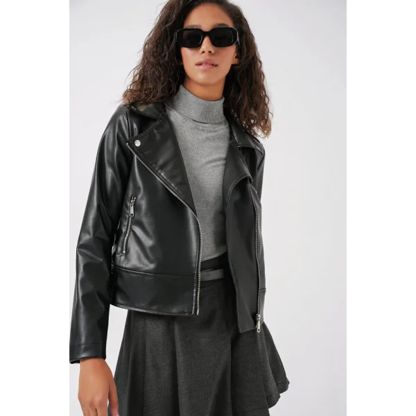 1044 Suni Deri Ceket  Siyah