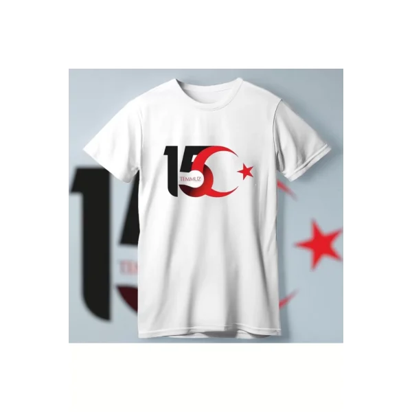 15 Temmuza Özel Tasarım Ay Yıldız Baskılı T-shirt - Beyaz