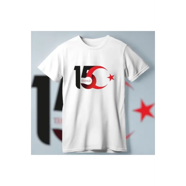 15 Temmuza Özel Tasarım Ay Yıldız Baskılı T-shirt - Beyaz