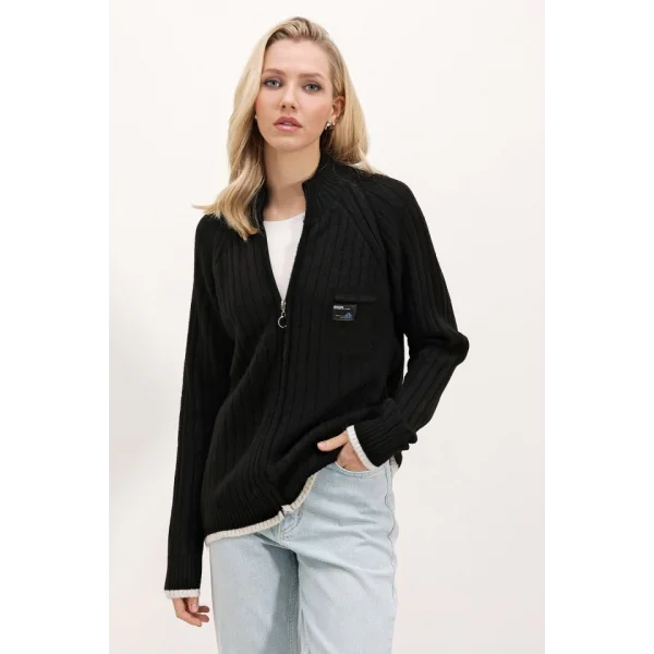 15863 Fermuarlı Triko Hırka - Siyah