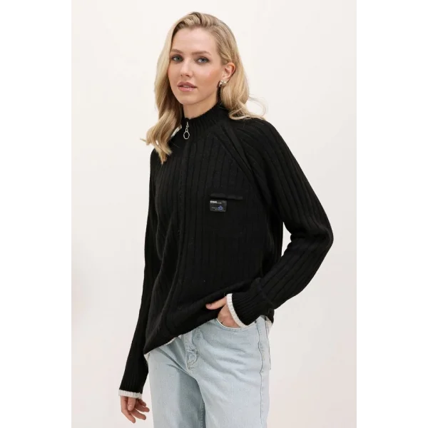 15863 Fermuarlı Triko Hırka - Siyah
