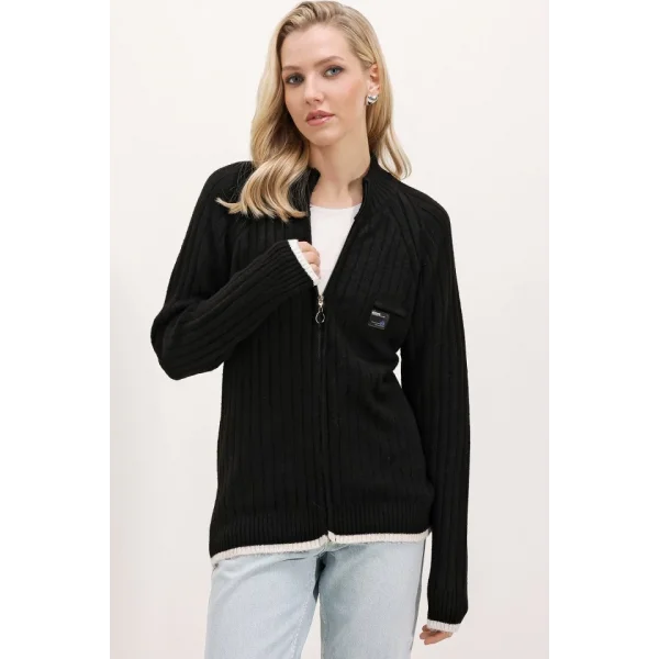 15863 Fermuarlı Triko Hırka - Siyah