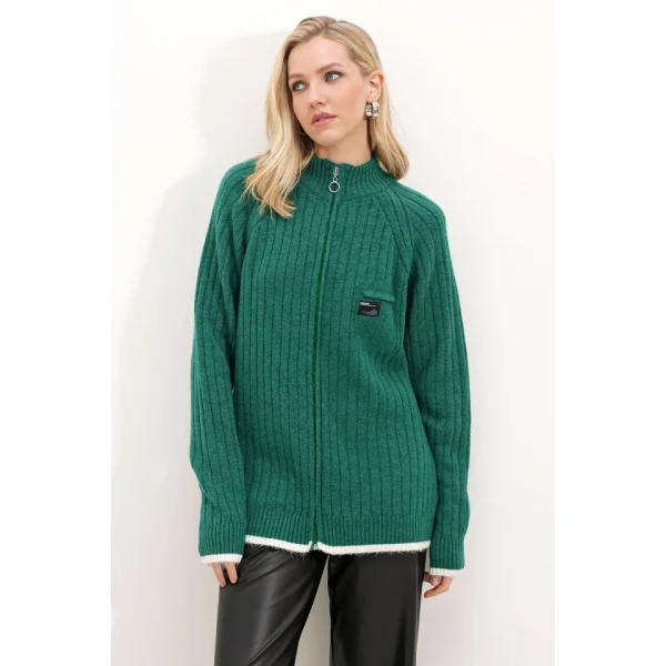15863 Fermuarlı Triko Hırka - Zümrüt Yeşili