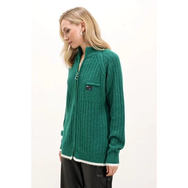 15863 Fermuarlı Triko Hırka - Zümrüt Yeşili