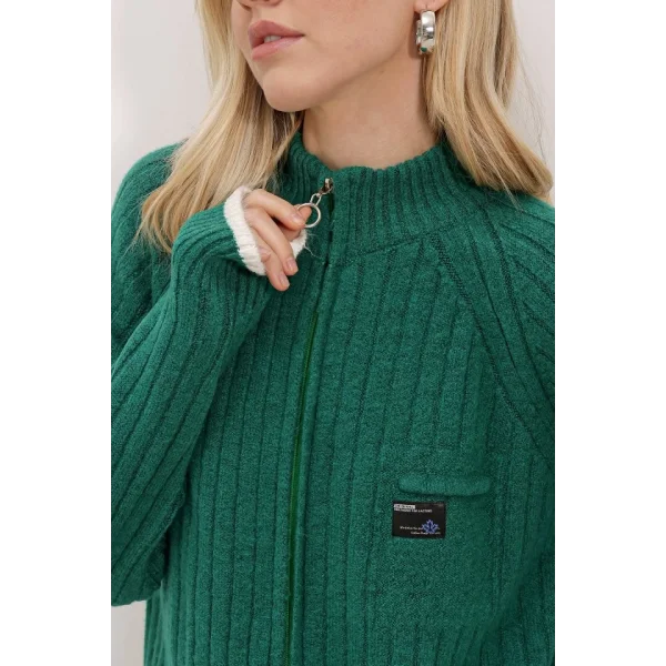 15863 Fermuarlı Triko Hırka - Zümrüt Yeşili