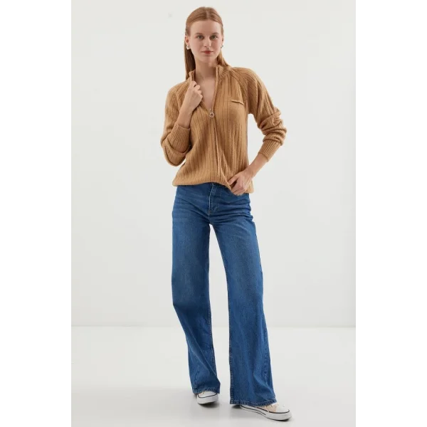 15880 Fermuarlı Triko Hırka - Bisküvi