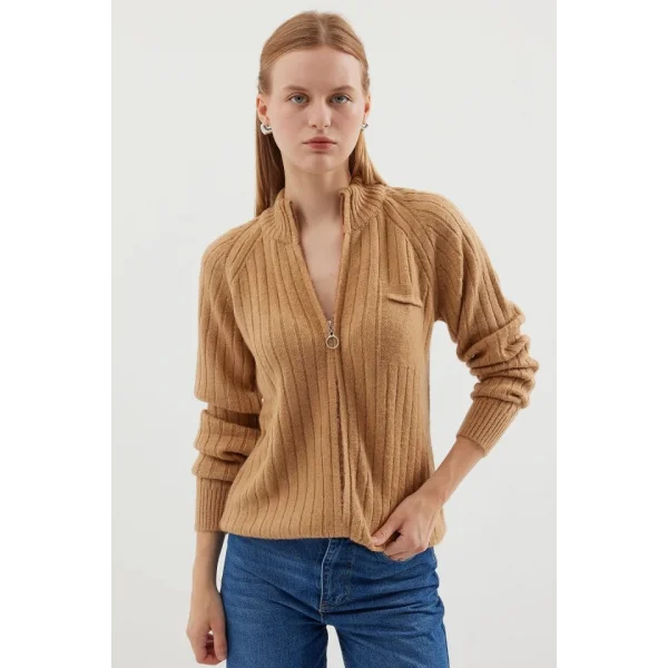 15880 Fermuarlı Triko Hırka - Bisküvi