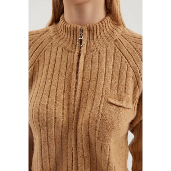 15880 Fermuarlı Triko Hırka - Bisküvi