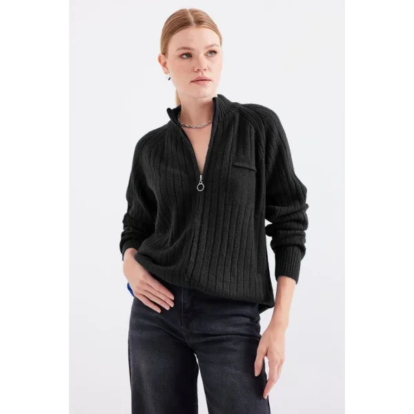 15880 Fermuarlı Triko Hırka - Siyah