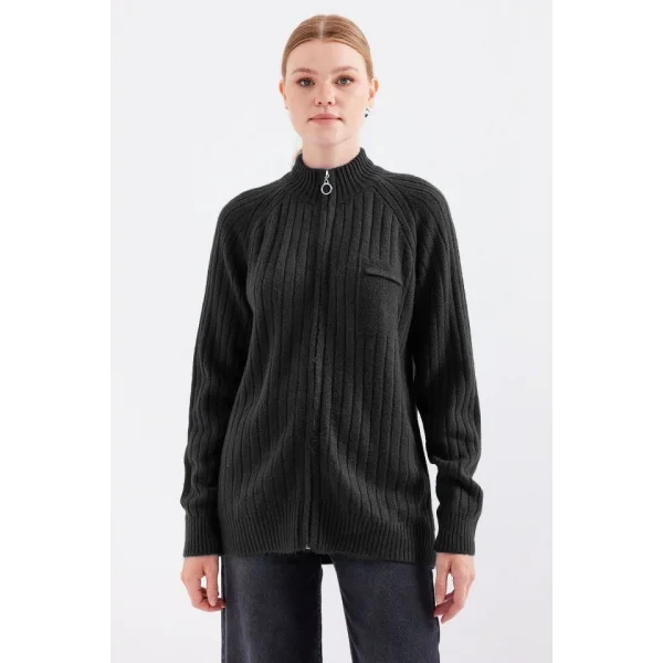 15880 Fermuarlı Triko Hırka - Siyah