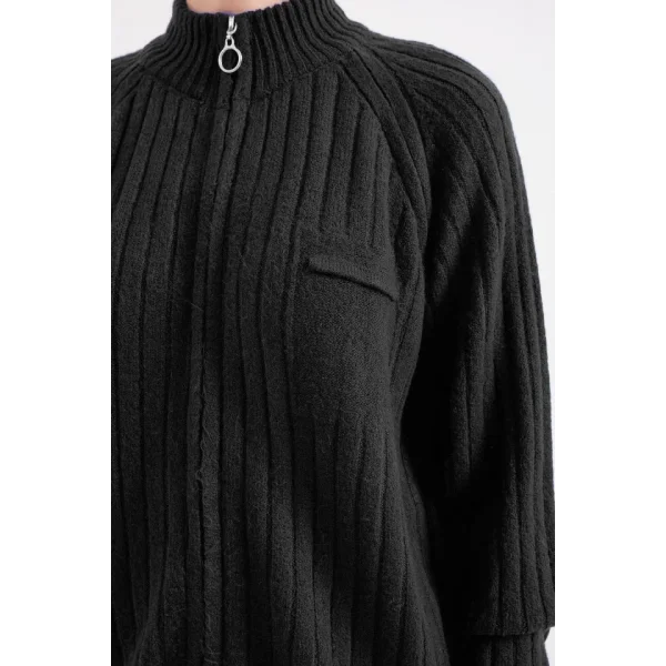 15880 Fermuarlı Triko Hırka - Siyah