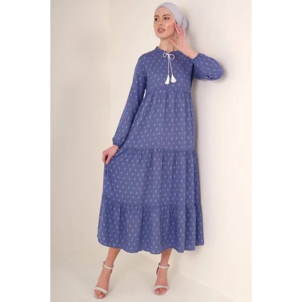 1627 Yaka Bağcıklı Tesettür Elbise - Mavi