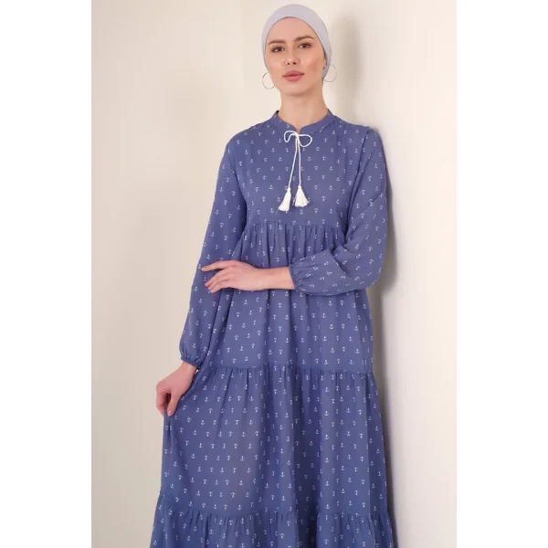 1627 Yaka Bağcıklı Tesettür Elbise - Mavi