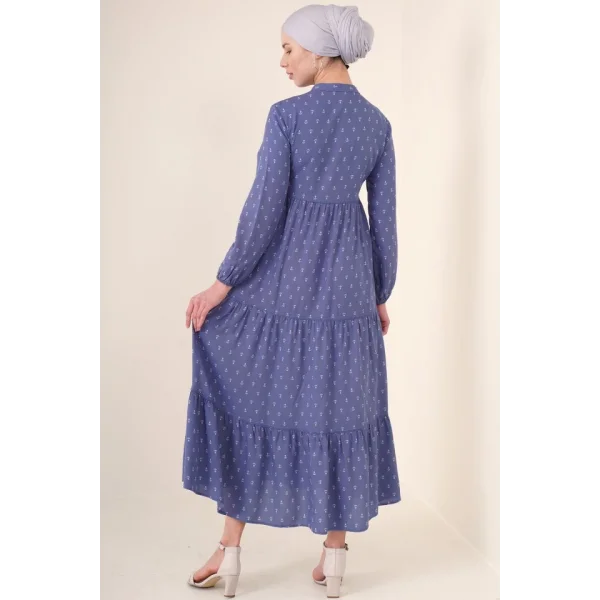 1627 Yaka Bağcıklı Tesettür Elbise - Mavi